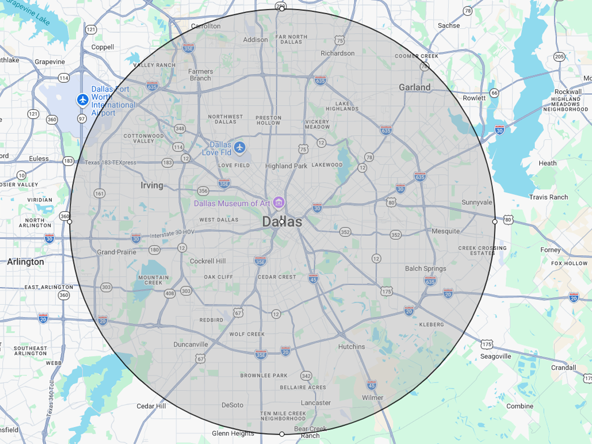 Service area map showing plumbing coverage around Dallas Texas