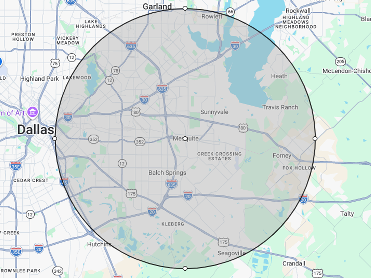 Service area map showing plumbing coverage around Mesquite Texas