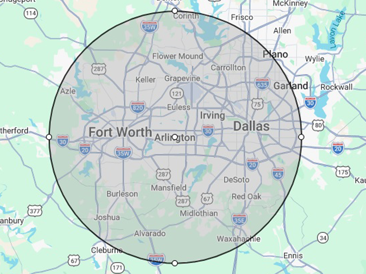 Service area map showing a 30 mile radius around Arlington Texas including Fort Worth, Dallas, Irving, and Grand Prairie